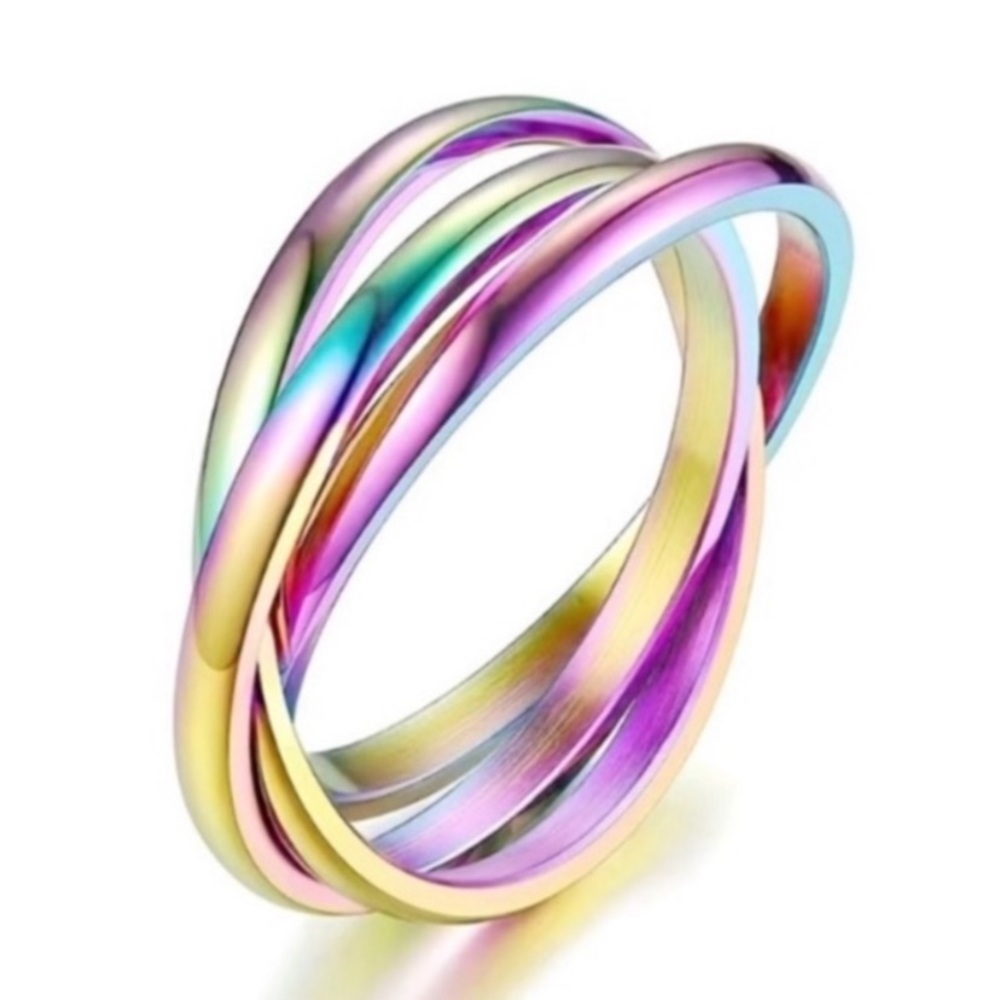 Rainbow Iridescent Interlocking Band Ring | 3 Band Colorful Statement Ring